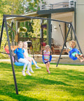 Children playing on Heavy Duty Backyard Swing Set For Kids Up To 440 Lbs With Toddler Swing Belt Swing And Platform Swing Triple Outdoor Metal Frame Easy To Assemble Sturdy A Frame Playground Gear