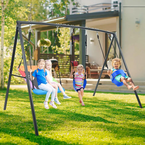 Children playing on Heavy Duty Backyard Swing Set For Kids Up To 440 Lbs With Toddler Swing Belt Swing And Platform Swing Triple Outdoor Metal Frame Easy To Assemble Sturdy A Frame Playground Gear