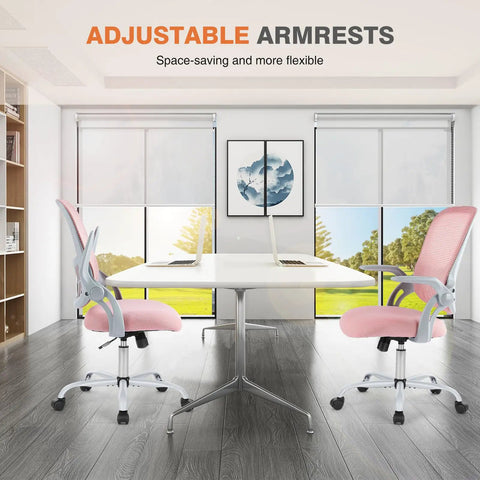 Ergonomic Mesh Office Chair For Home With Mid Back Support Rolling Swivel Desk Chair Lumbar Comfort Comfy Flip Up Arms Pink in office