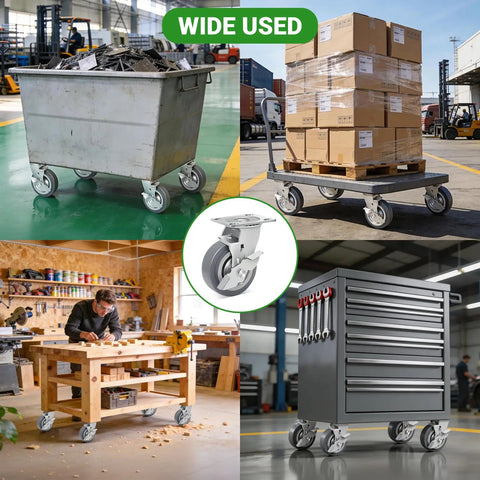 4 Inch Heavy Duty Caster Wheels Legit Industrial Powerhouse Thermoplastic Rubber TPR Swivel Plate Castors With Safe Brake Handles 2500 Lbs Crush Loads on utility carts and tool cabinets.