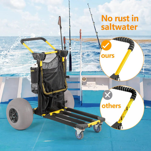 Foldable 2 In 1 Beach Wagon Cart With 12 Inch Balloon Wheels For Sand featuring fishing rod holder and water bottle holder