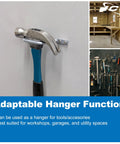 Hammer on wall with adaptable hanger, tools on rack, and workshop image showing storage solutions for adaptable hanger function