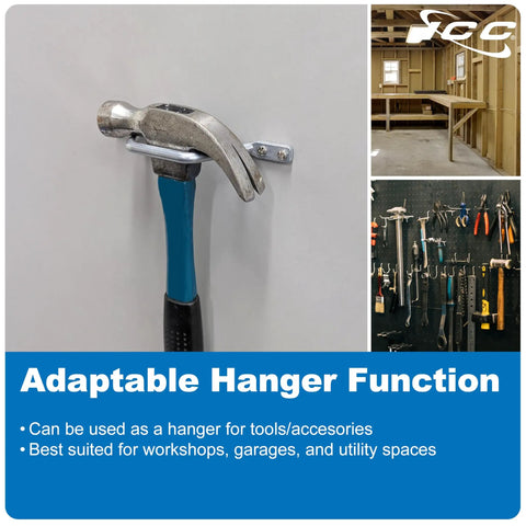 Hammer on wall with adaptable hanger, tools on rack, and workshop image showing storage solutions for adaptable hanger function