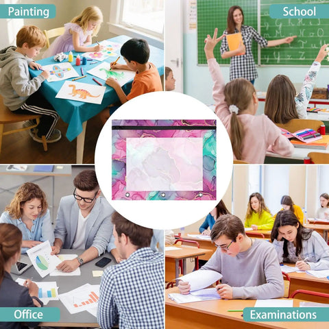 Colorful Zippered Coupon Binder Case for School and Office Use with Pink Purple Teal Accent shown in various settings.