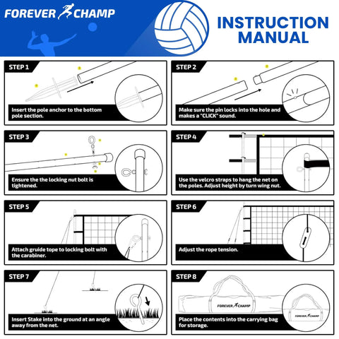 Instruction manual for Regulation 32X3 Foot Outdoor Volleyball Net Set With Poles detailing setup steps 1 to 8.