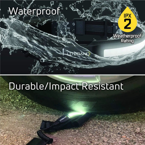 Liteband Activ LED Headlamp With 350 Lumens, 210 Degree Wide Beam shown under water and tire to showcase IPX2 durability