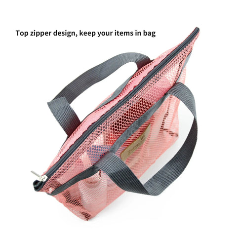 Mesh Shower Caddy Bag With Zipper Portable Hanging Toiletry Organizer, pink mesh with dark handles, top view, quick dry nylon