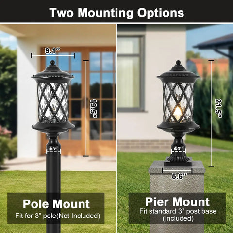 Old School Exterior Lamp Post Light With Water Glass Lampshade showing pole and pier mount options for outdoor use