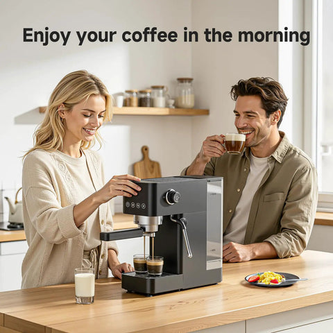 Couple using Snag This Pro Level 20 Bar Espresso Machine With Rapid 30 Second Heat Up And Precision Microfoam Steam Wand for coffee.