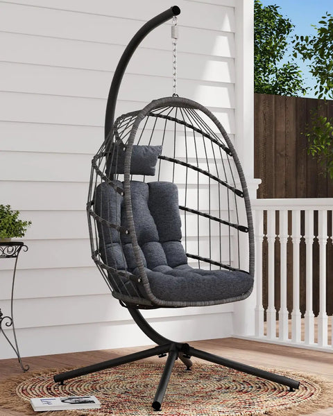 Cozy Outdoor Egg Chair With Stand, Wicker Hanging Swing Chair With Cushion, 350 Lb Weight Capacity For Patio Garden Balcony And Bedroom, Tool Free Assembly In Under 30 Minutes, Dark Grey