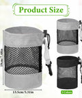 Two Pack Golf Ball Storage Bags Nylon Mesh Pouches With Drawstring Organizer in gray and black, showing size dimensions.