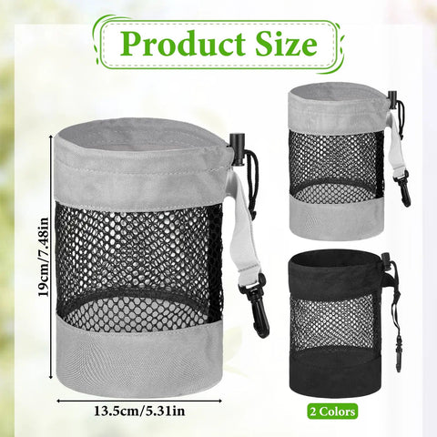 Two Pack Golf Ball Storage Bags Nylon Mesh Pouches With Drawstring Organizer in gray and black, showing size dimensions.