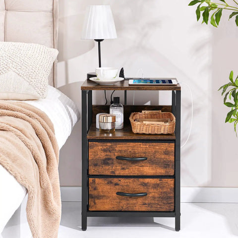 Nightstand With Charging Station And USB Ports, Compact Bedside Table With Fabric Drawers, Storage Shelf For Small Bedrooms And Tight Spaces