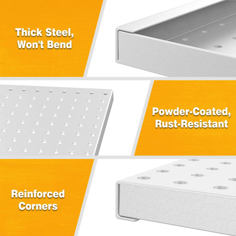Close-up of Heavy Duty Metal Pegboard Panels 12 By 24 Inches 3 Pack Grey Wall Mounted Tool Organizer Boards with detailed features.