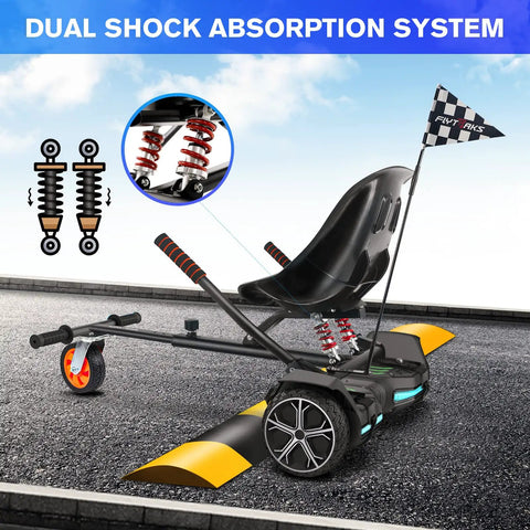 Go Kart Seat Attachment For Self Balancing Scooters with dual shock absorption system and checkered flag on asphalt road.