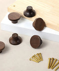 12 Pack Round Walnut Wood Drawer Handles 1.53 Inch Single Hole Cabinet Knobs With Screws, shown with screws on surface