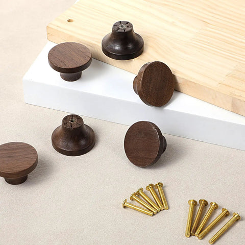 12 Pack Round Walnut Wood Drawer Handles 1.53 Inch Single Hole Cabinet Knobs With Screws, shown with screws on surface