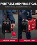 4 In 1 Welder For MIG TIG MMA And Flux Core Welding With Dual Voltage 110V And 220V Portable Synergy IGBT Inverter Gas Or Gasless Operation Includes Welding Helmet And Gloves For Home Shop Projects shown with handle and strap options