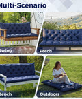 Waterproof Porch Swing Cushions For Outdoor Furniture Navy Blue 60x40x4 Inch 3 Seater Bench Seat Cushions For Patio Glider Settee Loveseat Wicker Easy Clean Fade Resistant in various outdoor settings including swing, porch, bench, and ground use.