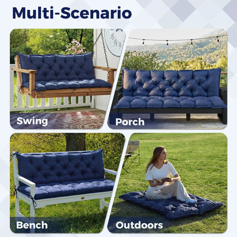 Waterproof Porch Swing Cushions For Outdoor Furniture Navy Blue 60x40x4 Inch 3 Seater Bench Seat Cushions For Patio Glider Settee Loveseat Wicker Easy Clean Fade Resistant in various outdoor settings including swing, porch, bench, and ground use.