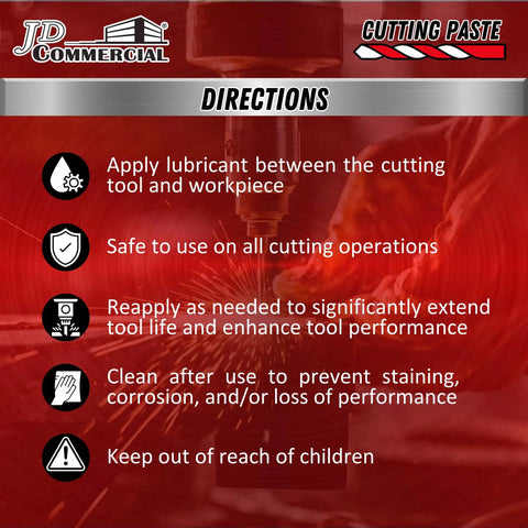 Instructions for JD Commercial Cutting Paste with drilling machine image, highlighting safe use, reapplication, and storage tips.