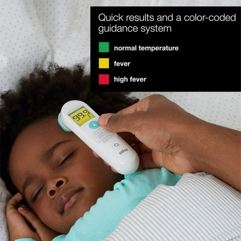 TempleSwipe Digital Thermometer With Color Coded Fever Guide Backlit Display For Adults And Kids Fast Accurate Readings No Fuss Temple Swipe Check Green Yellow Red Fever Indicators Kid Friendly forehead use on sleeping child
