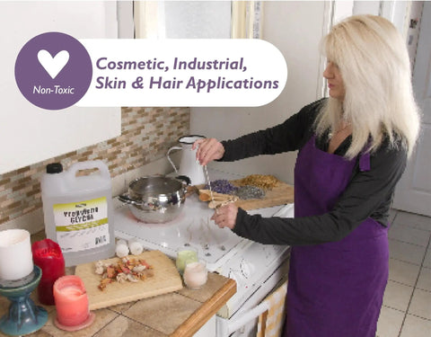 Woman using food-grade propylene glycol for cosmetic, industrial, skin and hair applications in a kitchen setting.