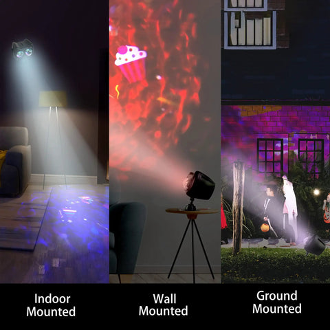 All-In-One Christmas Halloween Projector Lights with 2 Heads projecting indoors, on wall, and outdoors as seen in three scenes.