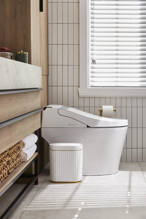 Hands Free Sensor Trash Can With Lid 2 Gallon Automatic Motion Activated Garbage Bin Waterproof IPX5 in a bathroom setting
