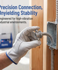 Hand wearing a glove securing Heavy Duty 4 Set 3/4 Inch Cable Connectors For Electrical Conduit Fittings with robust threaded clamps.