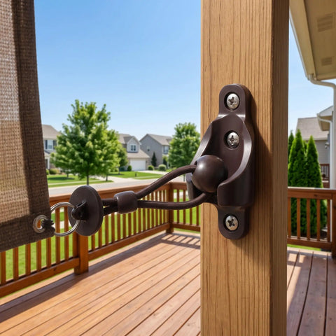 Top Rated Roller Blind Replacement Kit With Heavy Duty Mounting Brackets And End Caps For Outdoor Sun Shades, Windows, Patios Or Porches To Keep Blinds Secure In Windy Weather. brown bracket on deck post with bungee cord