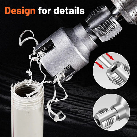 Rock Solid 4 In 1 PVC Pipe Threader Tool For 1/2 And 3/4 Inch Pipes showing cutting action on PVC pipe with metal tapping die.