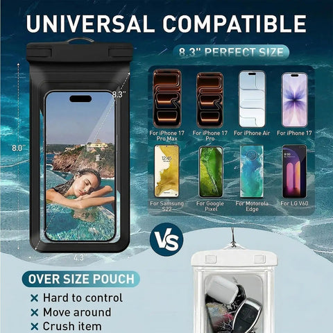 Waterproof Phone Pouch With Card Pocket For iPhone 17 16 15 Pro Max IPX8 Black Fits Up To 8.3 Inches displayed in water
