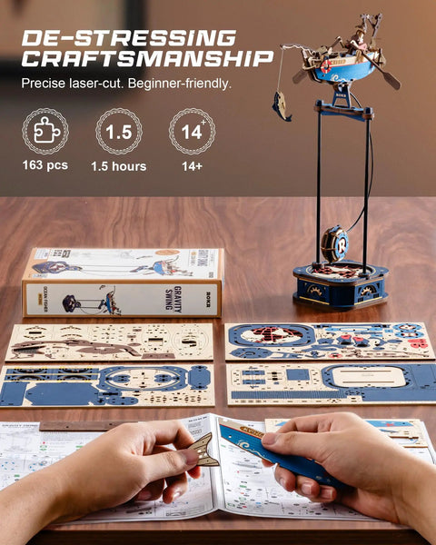3D Wooden Puzzle For Adults Gravity Swing Ocean Fisher Model Kit With 161 Pieces No Fuss Setup Maritime Boat Craft For Home Display And Collectors Great Gift For Maritime Buffs. 163-piece wooden model kit with assembled ocean fisher boat and parts laid out