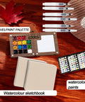 Mini Watercolor Travel Kit With Wooden Palette And Copper Clip Includes 24 Watercolors 6 Brushes And 2 Sketchbooks