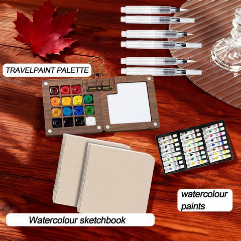 Mini Watercolor Travel Kit With Wooden Palette And Copper Clip Includes 24 Watercolors 6 Brushes And 2 Sketchbooks