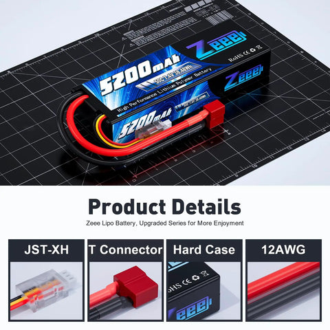 2S 5200mAh LiPo Battery 7.4V 50C High-Drain Pack With Beefy Hard Case And T Connector for RC Cars and Drones