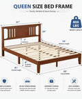 Rock Solid Queen Platform Bed Frame With Attached Brown Wood Headboard And Heavy Duty Pine Slats. Dimensions and specs included.
