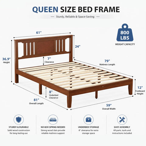 Rock Solid Queen Platform Bed Frame With Attached Brown Wood Headboard And Heavy Duty Pine Slats. Dimensions and specs included.