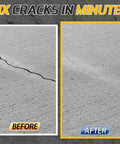 Before and after images of a repaired concrete crack using Heavy Duty Concrete Crack Filler Kit 3Lb Gray for driveways and patios.