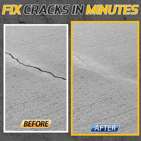 Before and after images of a repaired concrete crack using Heavy Duty Concrete Crack Filler Kit 3Lb Gray for driveways and patios.