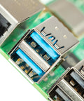 Close-up of USB 3.0 and Gigabit Ethernet ports on Beefed-Up 8GB RAM Single Board Computer for Makers and Media Buffs.