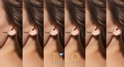 Shiny 14k White Gold Ball Stud Earrings With Secure Butterfly Pushbacks, 4mm Classic Round Studs, High Polish Finish, Everyday Sparkle Jewelry For Ears, Hypoallergenic Post And Backing, shown in 4mm size on ear