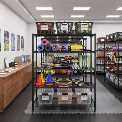 Five Tier Heavy Duty Wire Shelving Unit For Warehouse And Supermarket Built To Last 71 Inch Tall With Extra Shelf 25 Percent More Storage Sturdy Steel Construction Adjustable Shelves For Bulk Stock And Easy Organization, black wire rack in sports storage room