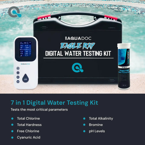 Digital Spa Water Test Kit With Digital Water Tester And 30 Hot Tub Test Strips shown with packaging and pool background.