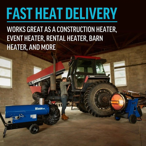 Heavy Duty 155000 BTU Portable Infrared Radiant Heater With Dual Heating Setup For Blazing Job Site Warmth That Kicks Serious Heat Through The Chillest Worksites beside construction machinery in barn.