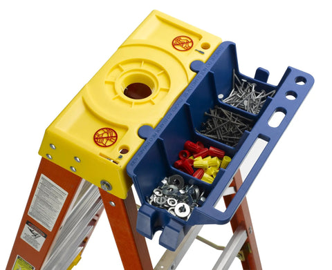 Top view of Blue Ladder Accessory Kit with Open Storage Channel and Hooks with screws and washers on stepladder