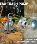 Gas Powered 2 Inch Semi Trash Pump With 212cc 4 Cycle Engine in action, showing water suction without clogging, outdoor setup.