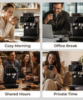 Compact Semi Automatic Espresso Machine With Built In Burr Grinder And Steam Frother 20 Bar Pressure Quick Heat used in cozy home settings.