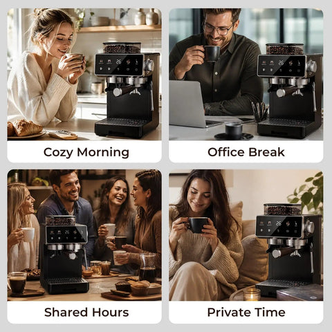 Compact Semi Automatic Espresso Machine With Built In Burr Grinder And Steam Frother 20 Bar Pressure Quick Heat used in cozy home settings.